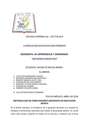 Secuencia Didáctica para niños de Quinto Grado