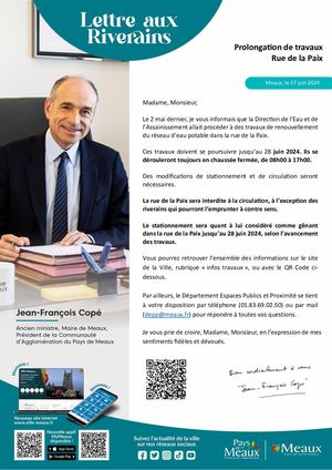 Meaux Avis Riverains : Prolongation de travaux Rue de la Paix