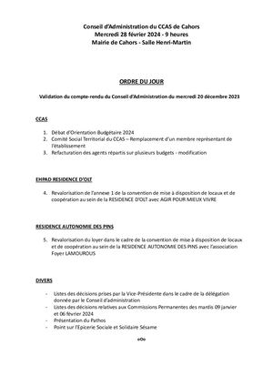 Conseil d'administration du CCAS de Cahors - Mercredi 28 Février 2024