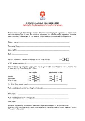 Transfer Cup comp Eligibility Form 2024 25