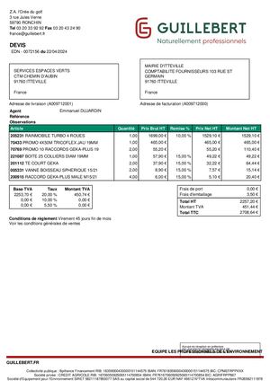 AR Annexe DEL 89 2024  Bon De Commande Devis - Guillebert - Arrosage Stade Marsat