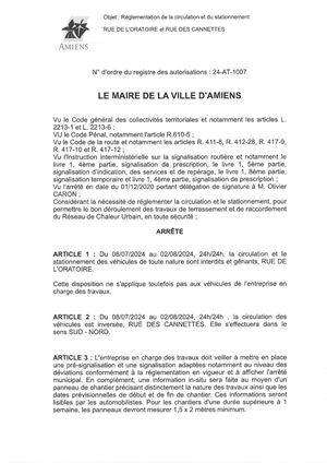 24-AT-1007 Arrête De Réglementation De La Circulation Et Du Stationnement Rue De L'oratoire Et Rue Des Cannettes à Amiens, Du 08/07 Au 02/08/2024
