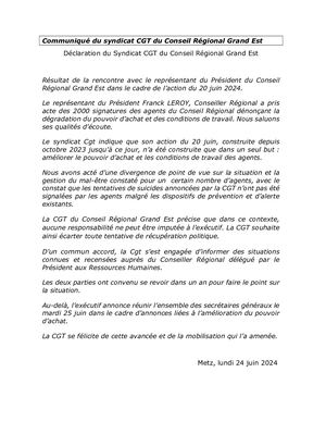 Communiqué Du Syndicat Cgt Du Conseil Régional Grand Est