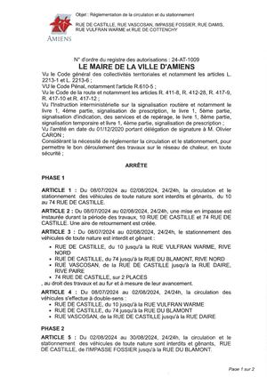 24-AT-1009 Arrête De Réglementation De La Circulation Et Du Stationnement Rue De Castille Et Autres à Amiens, Du 08/07 Au 02/08/2024