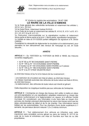 24-AT-1080 Arrête De Réglementation De La Circulation Et Du Stationnement Chaussée Saint Pierre Et Rue Valentin Hauy à Amiens, Du 10/07 Au 11/07/2024