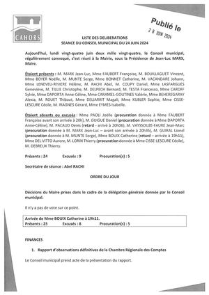 Séance du conseil municipal du lundi 24 juin 2024