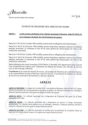 2024 519 Arrêté_Attribution Véhicule Municipal à Alain ECAILLAT Avec Remisage à Domicile