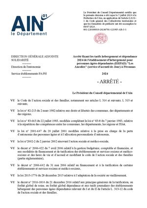 Arrêté Fixant Les Tarifs Hébergement Et Dépendance 2024 De L'établissement D'hébergement Pour Personnes âgées Dépendantes (EHPAD) Les Ancolies (service D'accueil De Jour) à Péronnas