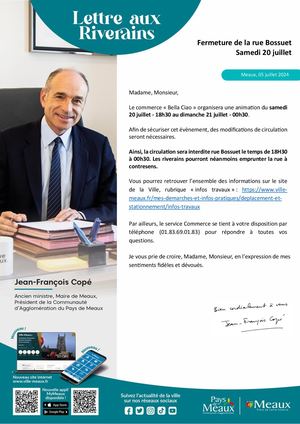 Avis Riverains Meaux : Fermeture de la rue Bossuet Samedi 20 juillet