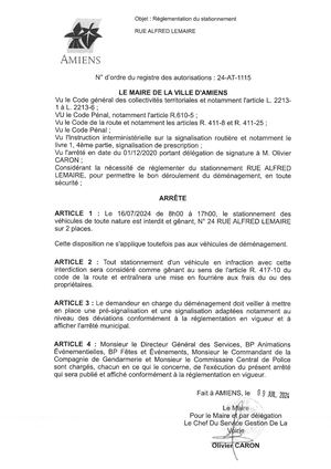 24 At 1115 Arrête De Réglementation Du Stationnement Rue Alfred Lemaire à Amiens Le 16 07 2024