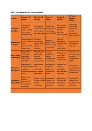 Rubrica De Evaluación De La Maqueta Del Adn