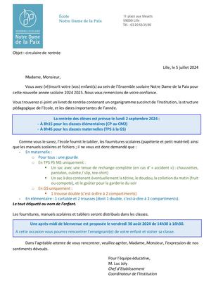 Circulaire Rentrée Ndp 2024 Ecole