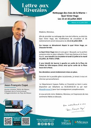 Avis Riverains Meaux : Nettoyage des rives de la Marne – Quai Victor Hugo Les 15 et 16 juillet 2024