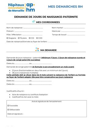Formulaire De Demande De Jours De Naissance - Paternité.