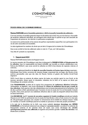 PV de l'assemblée générale de l'Osmothèque, Conservatoire International des Parfums - Juillet 2024