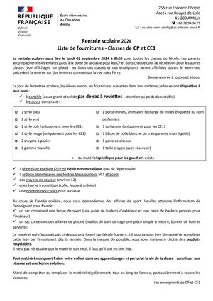 Liste De Fournitures Pour Les Classes De Cp Ce1 Clos Vinot