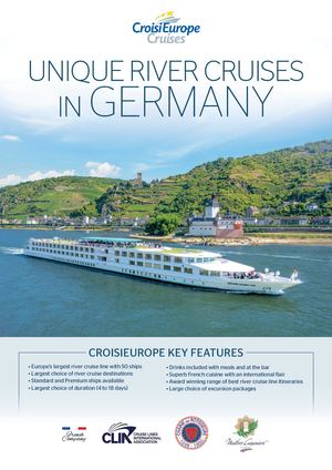 UNIQUE RIVER CRUISES IN GERMANY KEY FEATURES •E urope’s largest river cruise line with 50 ships •S uperb French cuisine with an international flair •L argest choice of river cruise destinations •A ward winning range of best river cruise line itineraries •S tandard and Premium ships available •L arge choice of excursion packages •L argest choice of duration (4 to 11 days) •D rinks included with meals and at the bar