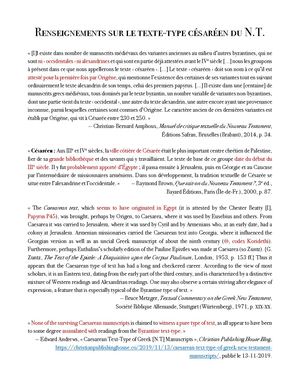 Renseignements sur le texte-type césaréen du N.T.