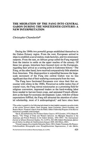 The Migration Of The Fang Into Central Gabon During The Nineteenth Century A New Interpretation Par C Chamberlain 1978