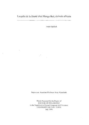 La Quête De La Liberté Chez Mongo Beti, Ecrivain Africain, Thèse Par A. Djiffack, 1998