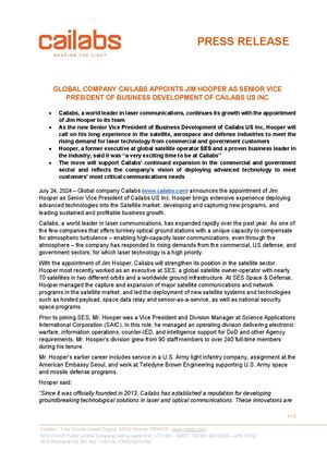 20240724 Cailabs Pr Global Deeptech Company Cailabs Appoints Jim Hooper As Senior Vice President Of Business Development Of Cailabs Us Inc