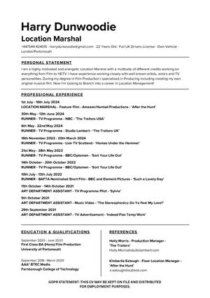 Harry Dunwoodie - Location Marshal CV