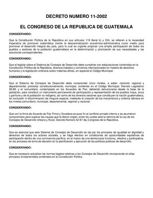 8 Ley De Los Consejos De Desarrollo Urbano Y Rural Decreto Número 11 2002