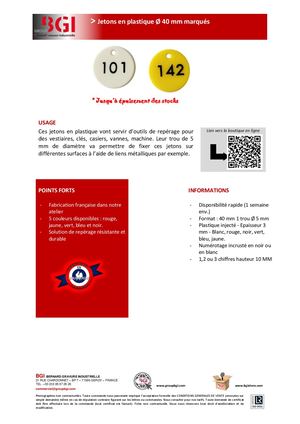 Fiche Technique Jetons Plastique Diametre40mm Epaisseur3mm 1trou5mm