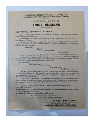 Gabon, Elections Législatives  De 1956, Profession De Foi Du Candidat Louis Bigman, Archive Privée CSSP.
