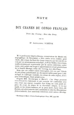 Notes sur dix cranes du Congo français - tribu des Yeveng; Race des Fang par Schenk