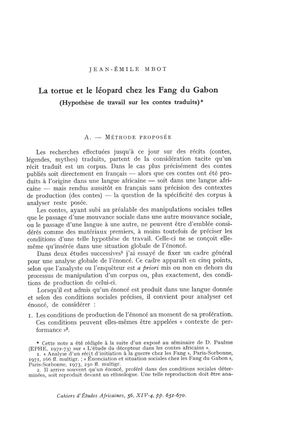 La tortue et le léopard chez les Fang du Gabon (Hypothèse de travail sur les contes, traduits). Jean-Émile Mbot, Cahiers d'études africaines, Année 1974, Volume 14, Numéro 56, p. 651 - 670