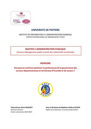 Mémoire Master 2 Administration Publique "Pourquoi et comment optimiser la performance de la gouvernance des services départementaux et territoriaux d’incendie et de secours ?"