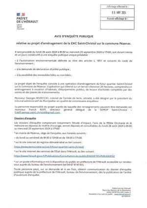 Avis D'enquête Publique Relative Au Projet D'aménagement De La ZAC Saint Christol Sur La Commune De Pézenas