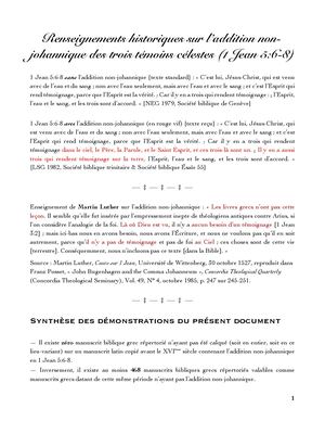 Renseignements historiques sur l'addition non-johannique des trois témoins célestes
