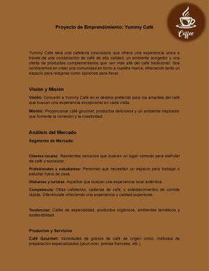 Proyecto De Emprendimiento: Yummy Café