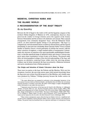 Medieval Christian Nubia and the Islamic World: A Reconsideration Of The Baqt Treaty Par Jay Spaulding In The International Journal Of African Historical Studies Vol. 28 Num. 3, 1995