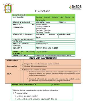 Plan Clase N°1 Lenguaje 4° Ensdb Sede 3 2