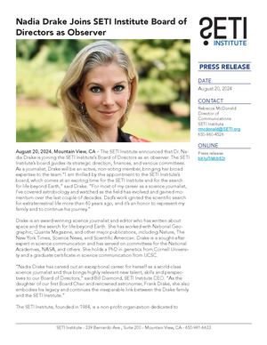 Press Release August 2024 Nadia Drake Joins SETI Institute Board of Directors as Observer