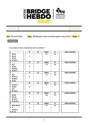 131. Exercice Votre Bridge Hebdo Débutant 30 08 2024