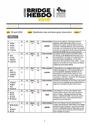 131. Solution Votre Bridge Hebdo Débutant 30 08 2024