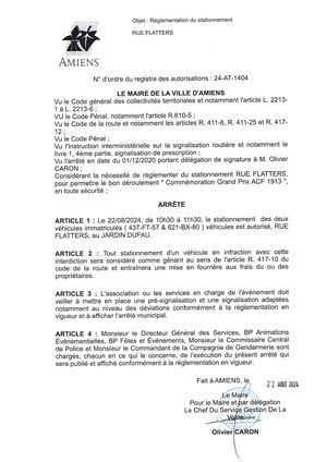24-AT-1404 Arrêté De Réglementation Du Stationnement Rue Flatters à Amiens Le 22/08/2024
