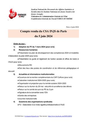 Compte rendu CSA INJS de Paris 5 juin 2024