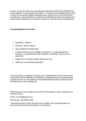 Algérie -Terrain industriel -Location