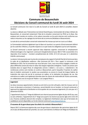 Décisions du Conseil communal du 26 août