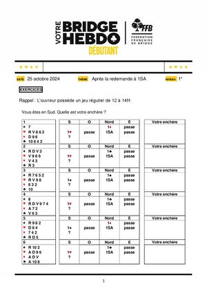 139. Exercice Votre Bridge Hebdo Débutant 25 10 2024