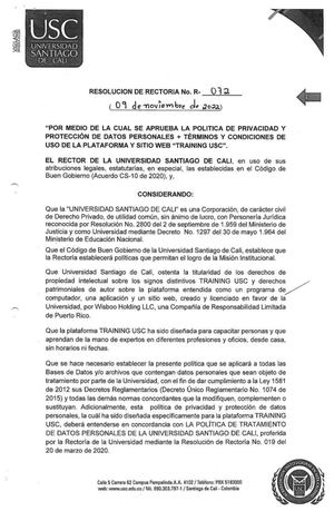 Política de Privacidad y Protección de Datos Personales + Términos y Condiciones de Uso de la Plataforma y Sitio Web “Training USC"”