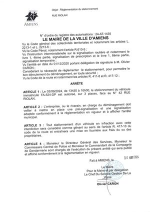 24-AT-1435 Arrêté De Réglementation Du Stationnement Rue Riolan à Amiens, Le 03/09/2024
