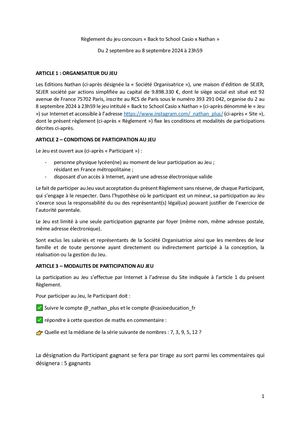 Règlement Jeu Concours Nathan Casio - septembre 2024