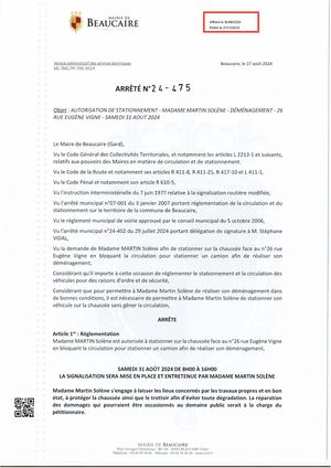 Parution Des Actes Administratifs (Arrêtés) Du 30 Aout