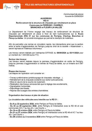 Travaux de renforcement de la structure de chaussée par retraitement en place RD 31,Perrigny, Charbuy, Branches et Fleury La Vallée